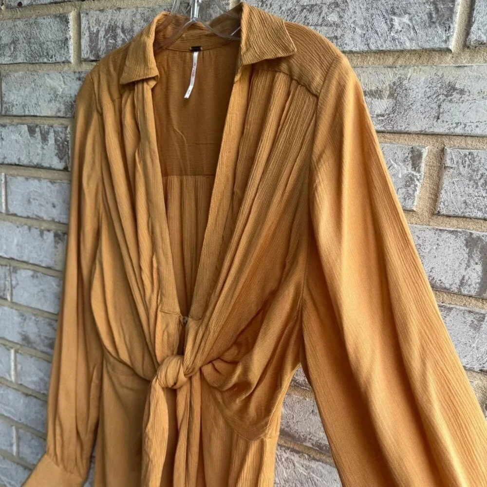 Free People Long Sleeve V-Neck Tie Front Mustard Tunic Blouse Women's Size XS